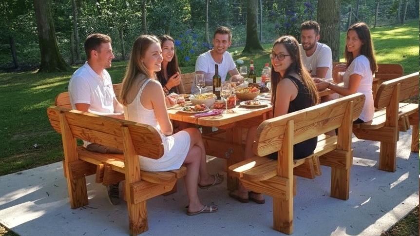 Groupe attablé pour un repas autour d'une table Douglas